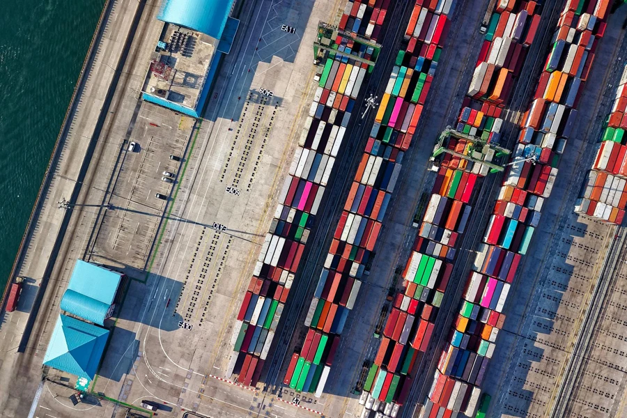 An aerial view of containers at a port