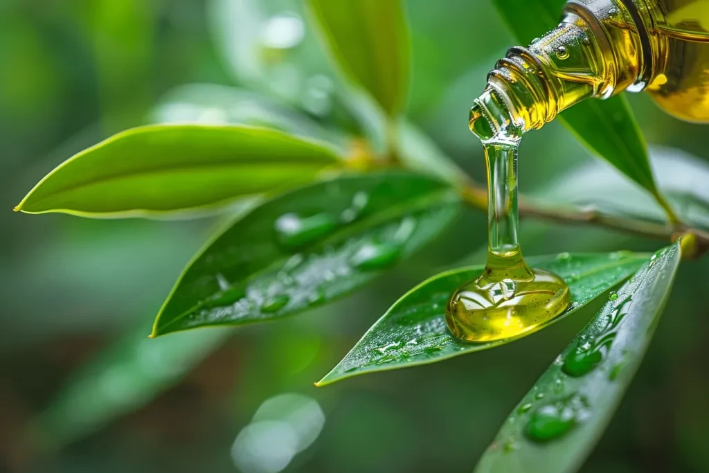 An essential oil bottle pouring into an olive leaf