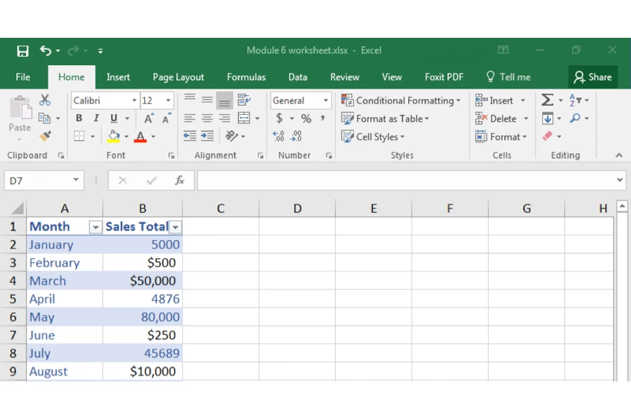 An excel spreadsheet with sales data