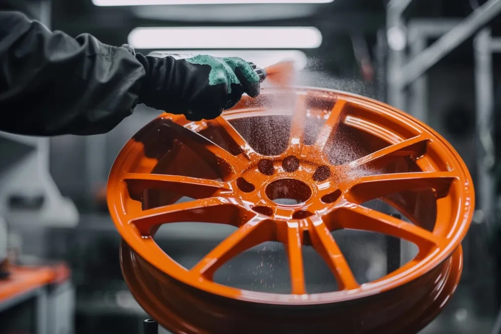 An orange wheel rim being powder coated