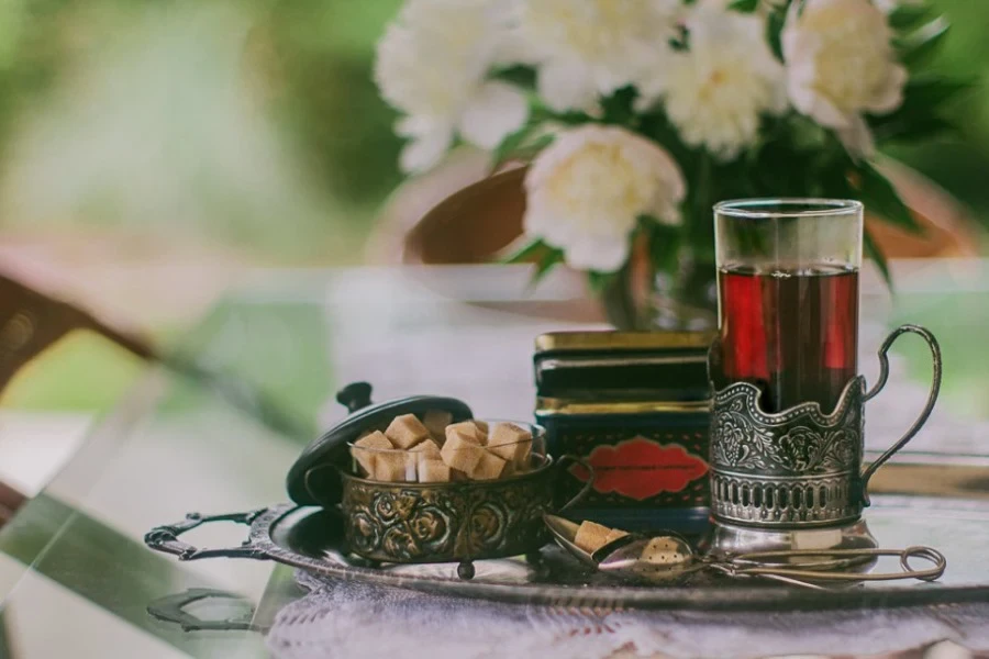 Assorted items with tea on a tray