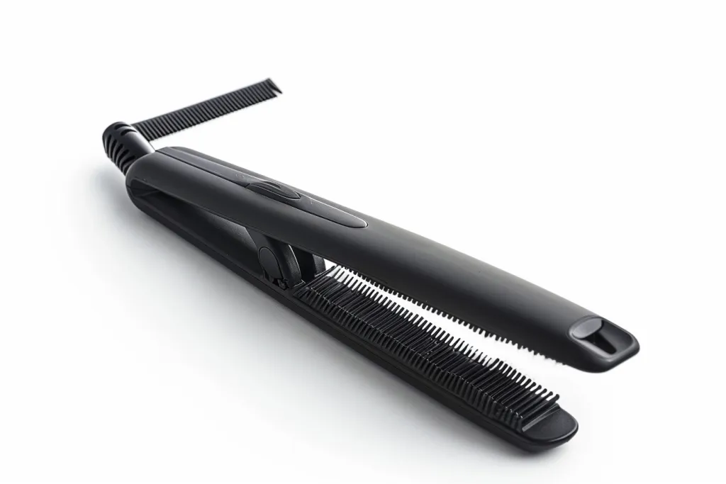 Black hair straightener comb clipper with a folding handle isolated on a white background