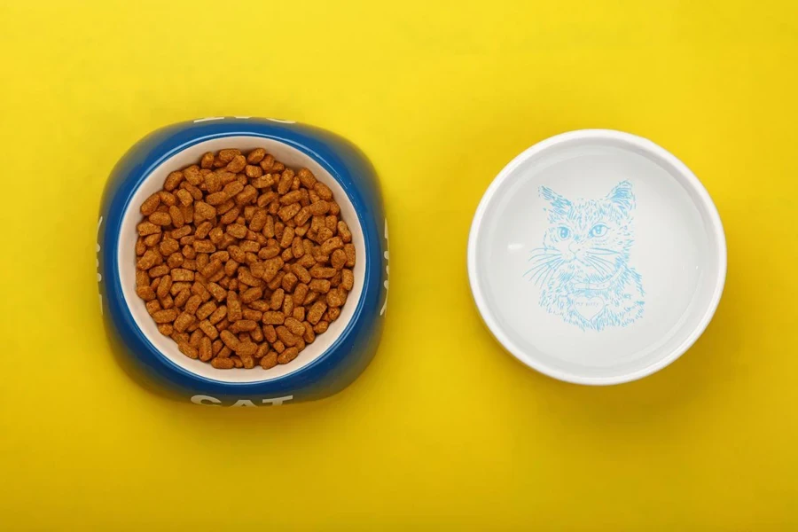 Brown dry cat food portion in blue ceramic bowl with cat word and water in white on yellow floor, close up, top view, personal perspective