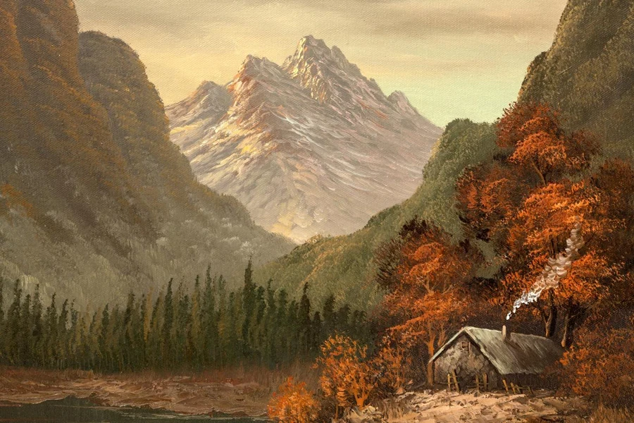 Cabin by the Lake Vintage Oil Painting