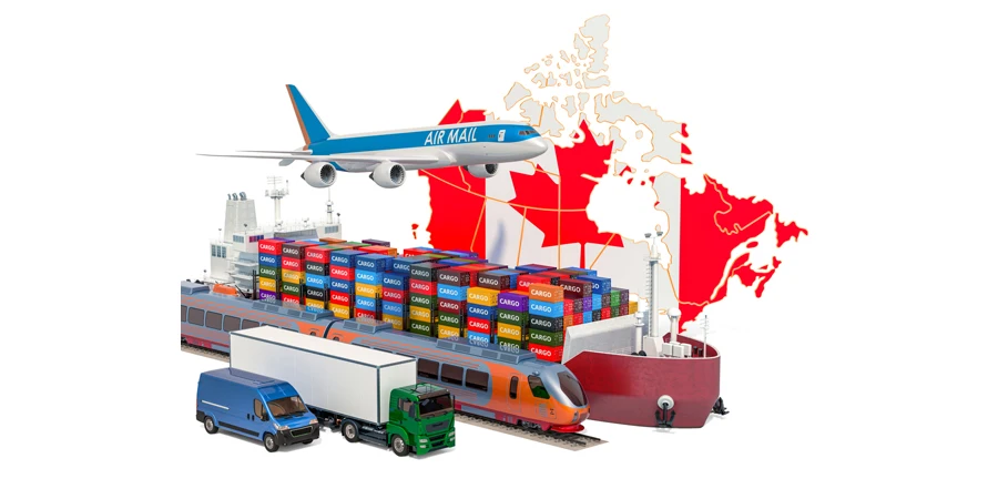 Cargo shipping and freight transportation in Canada by ship, airplane, train, truck and van. 3D rendering isolated on white background