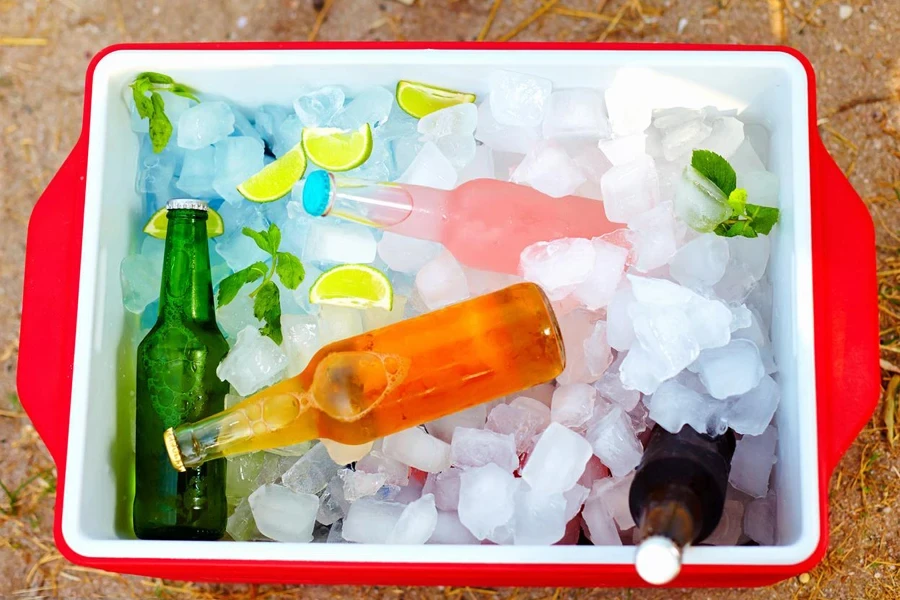 Chilled colorful beverages in ice box