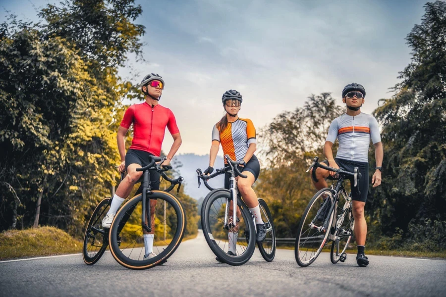 Chinese cyclists on rural scene