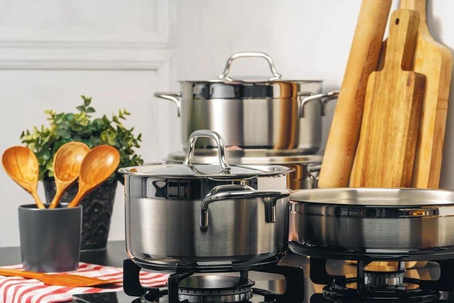 Clean saucepan on a gas stove in kitchen