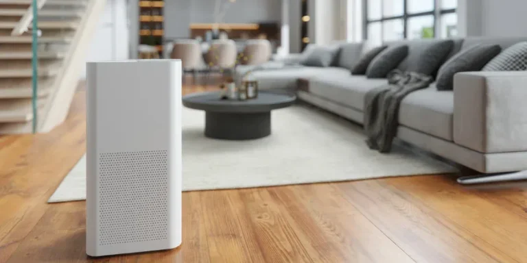 Primer plano de un purificador de aire en una sala de estar moderna