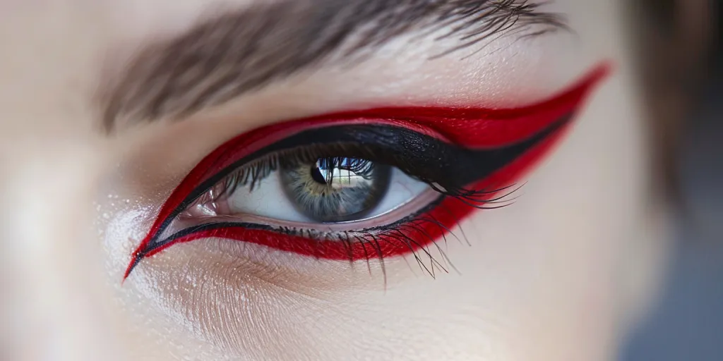 Close-up of an eye with red winged eyeliner