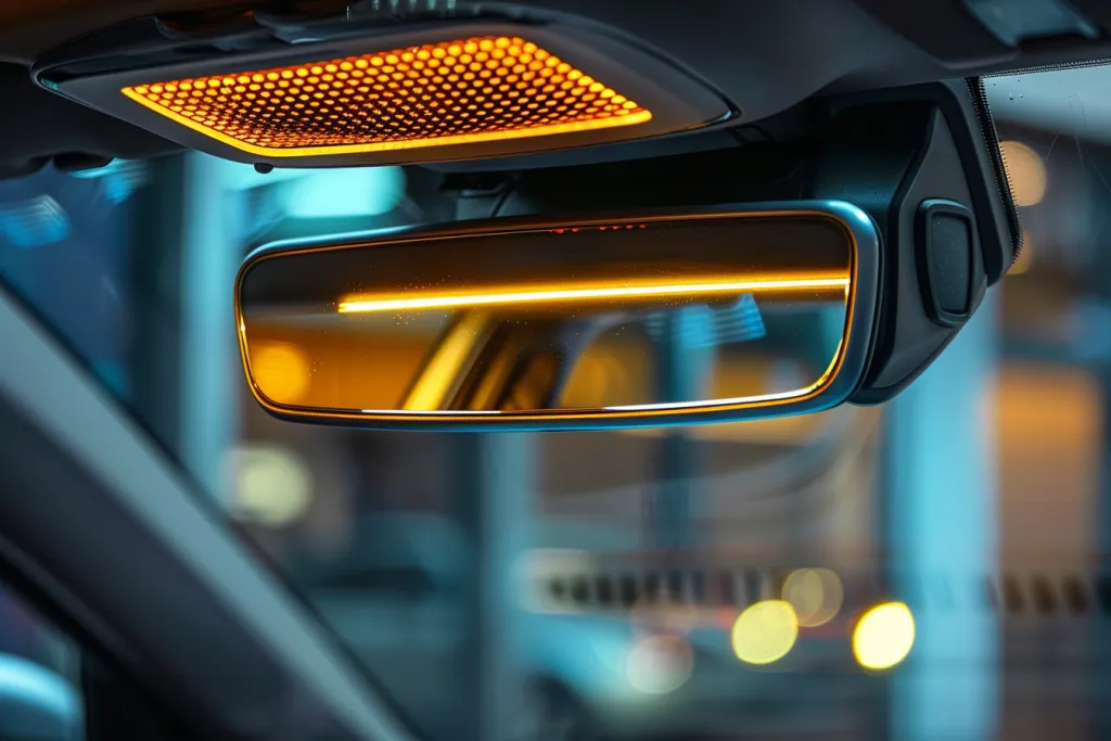 Close-up of the car's rearview mirror with its lamp on