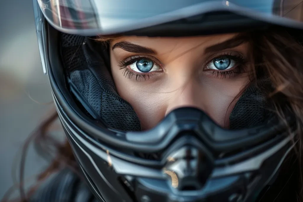 Close up of woman wearing full face motorcycle helmet