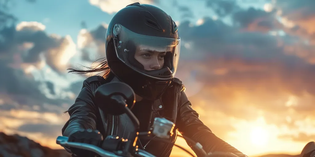 Close up shot of a woman wearing a black helmet