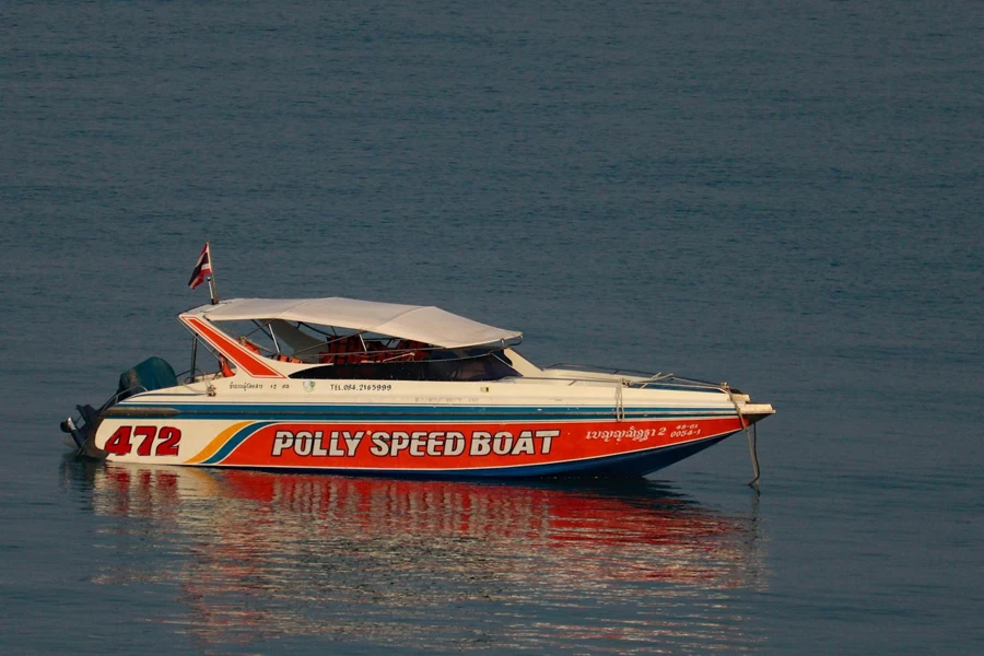 Contemporary motorboat decorated with flag and moored on calm rippling seawater in peaceful nature in daylight
