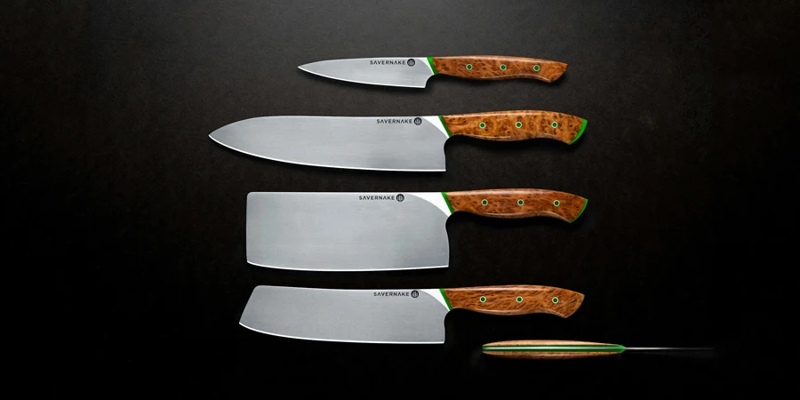 Custom knife set with mallee burr handles and neon green resin liner