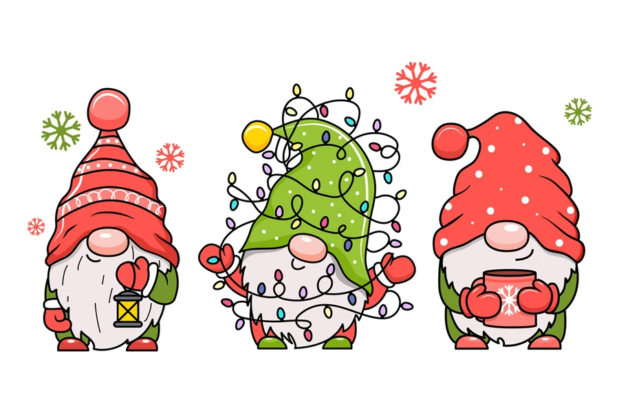 Cute cartoon Christmas gnomes with gifts