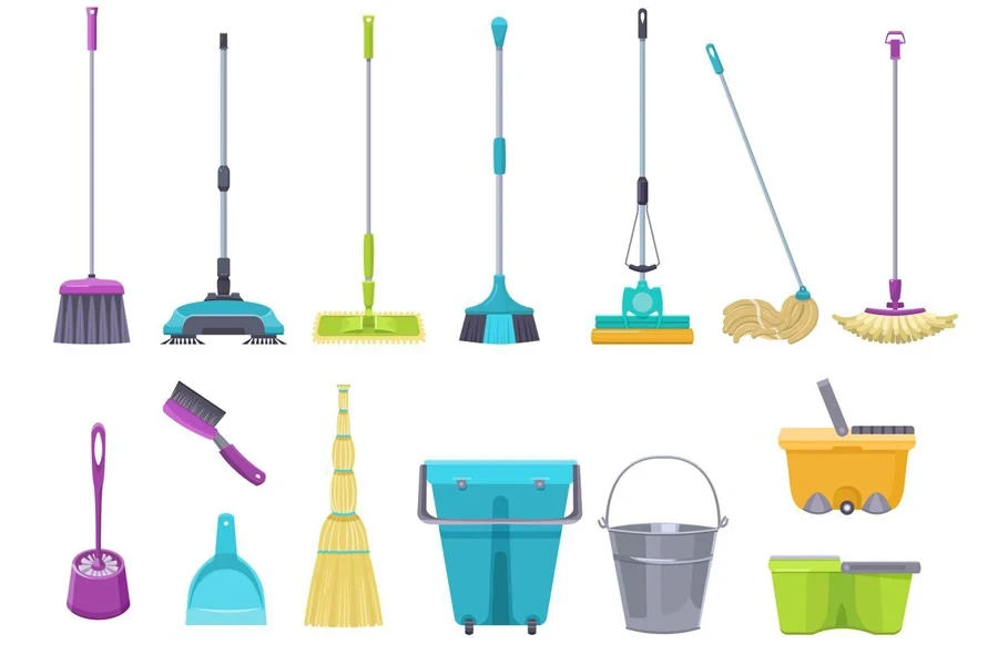 Different cleaning supplies flat vector illustrations set