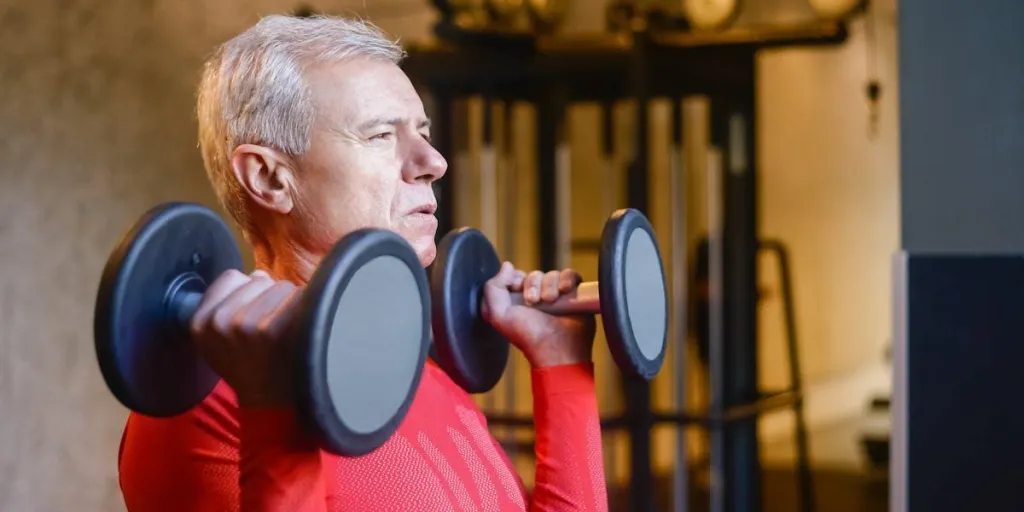 Elderly man working out with dumbbells in a gym