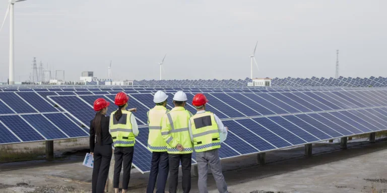 Engineers and businessmen discuss the survey at the green energy base