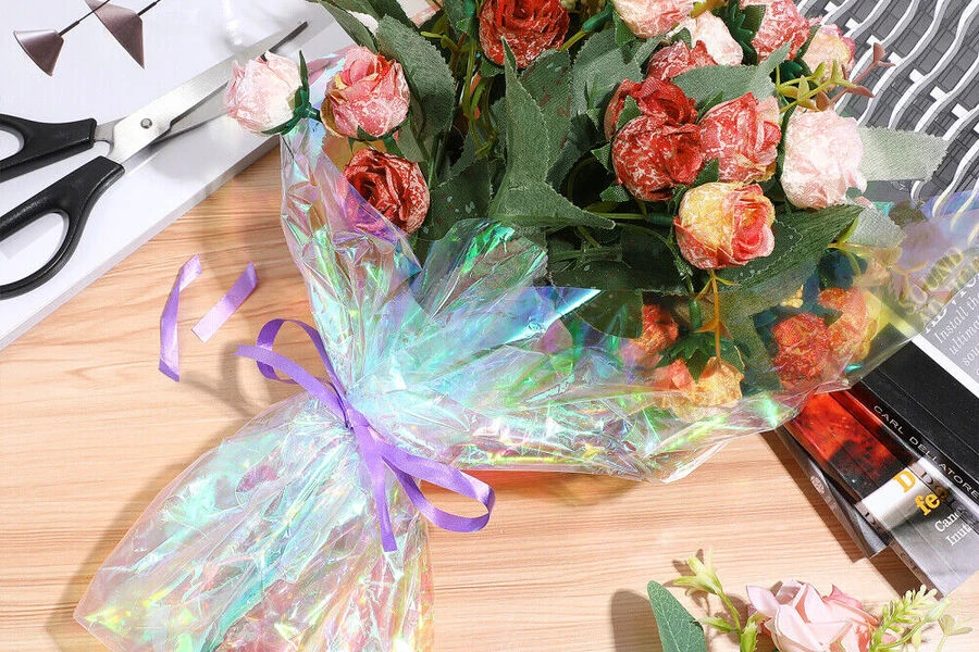 Flowers wrapped in cellophane film paper