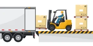 Forklift loading merchandise to a container truck at the loading and unloading dock