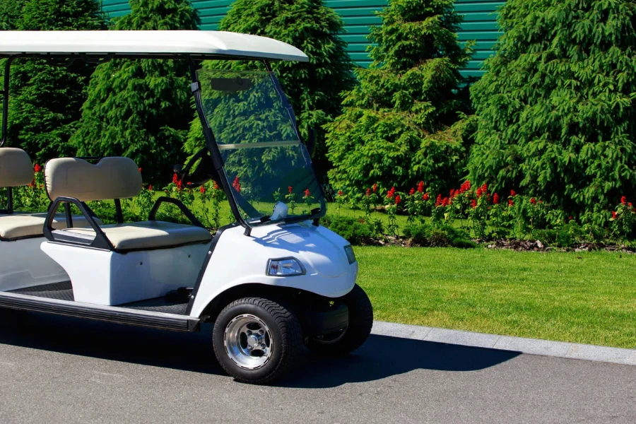 Golf car on a background of green plants