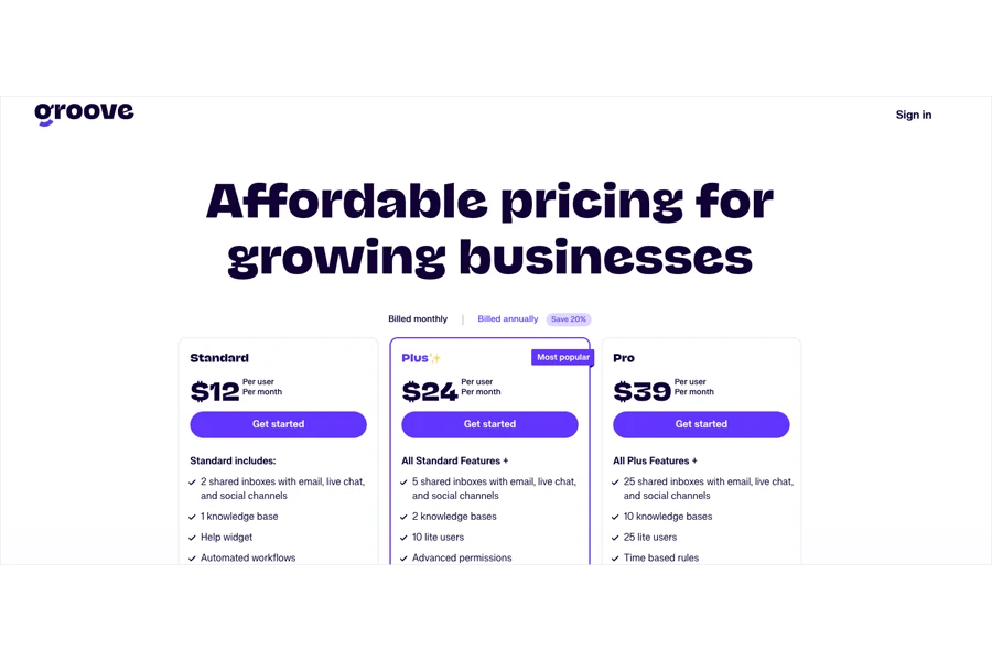 Groove's pricing page using the three strategies