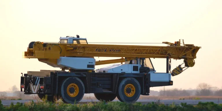 Heavy duty mobile lifting crane driving on intercity road at sunset