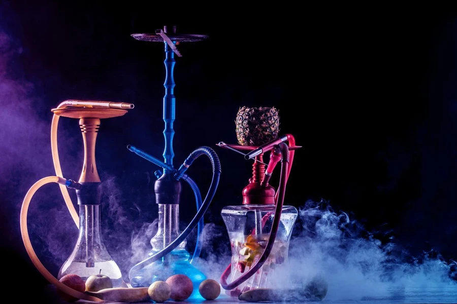 Hookah smoking on the background of an empty grunge wall, neon light, smoke, smog