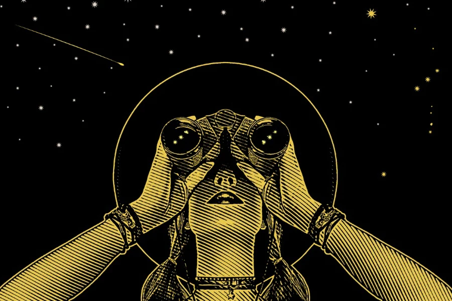 Illustration of a woman with binoculars watching stars