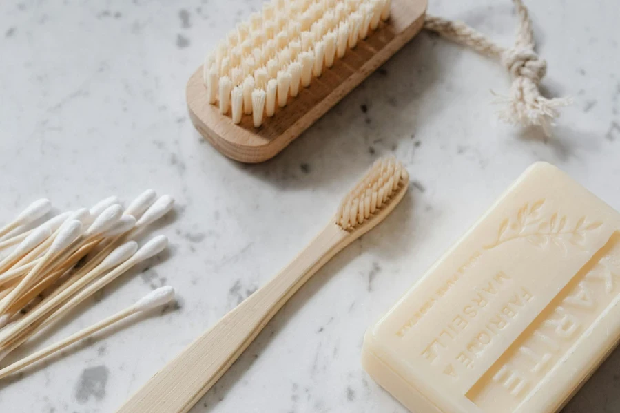 Items of hygiene on marble surface 