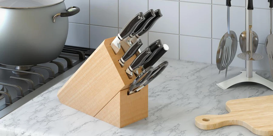 Kitchen knives with wooden block on the kitchen desk