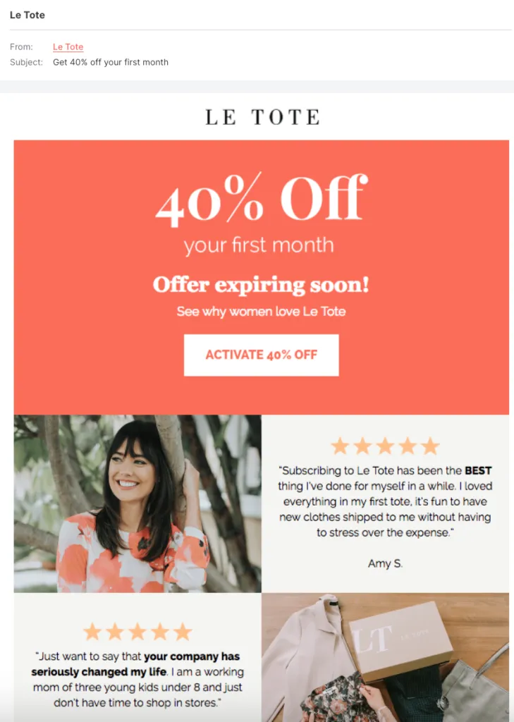 10 tips for effective email copywriting: example from Le Tote