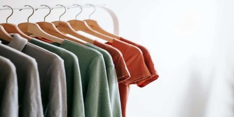 Light room interior with collection of various garments on wooden racks in wardrobe near white walls