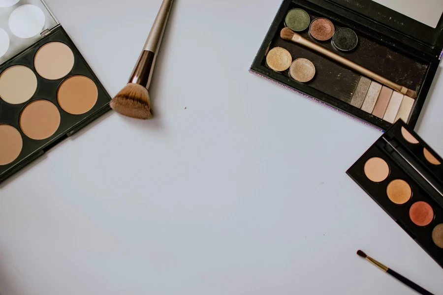 Makeup cosmetics palettes and brushes