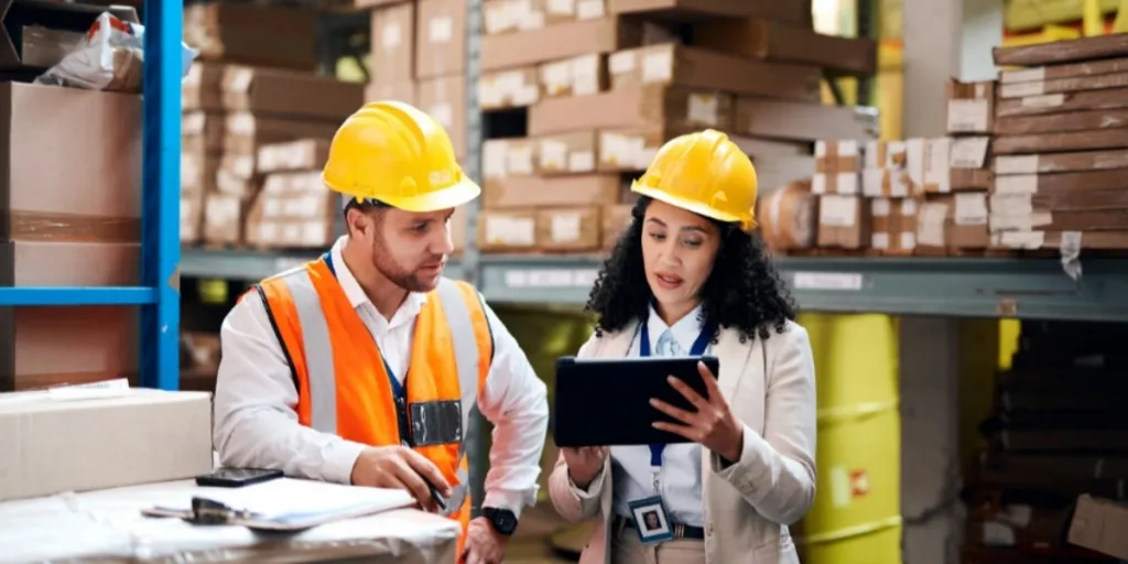 Man and woman working in a warehouse