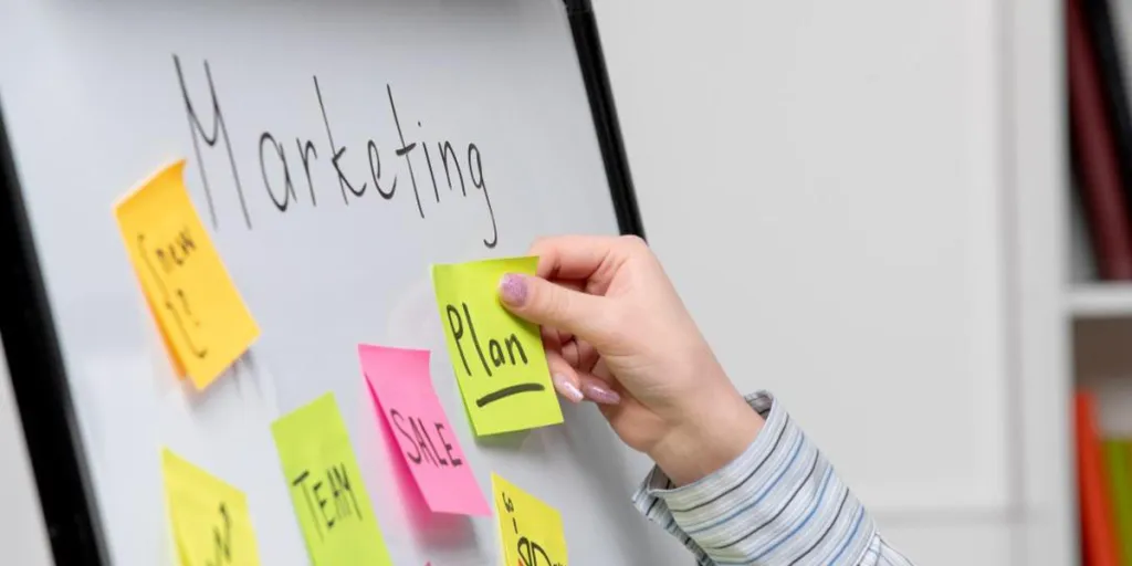 Man creating a marketing plan on a whiteboard
