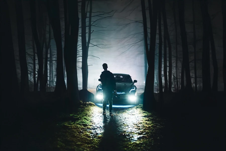 Man in the Forest in the Fog Lights of a Car