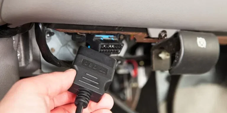 Mechanic Connecting OBD Scanner below SUV Dashboard (1)
