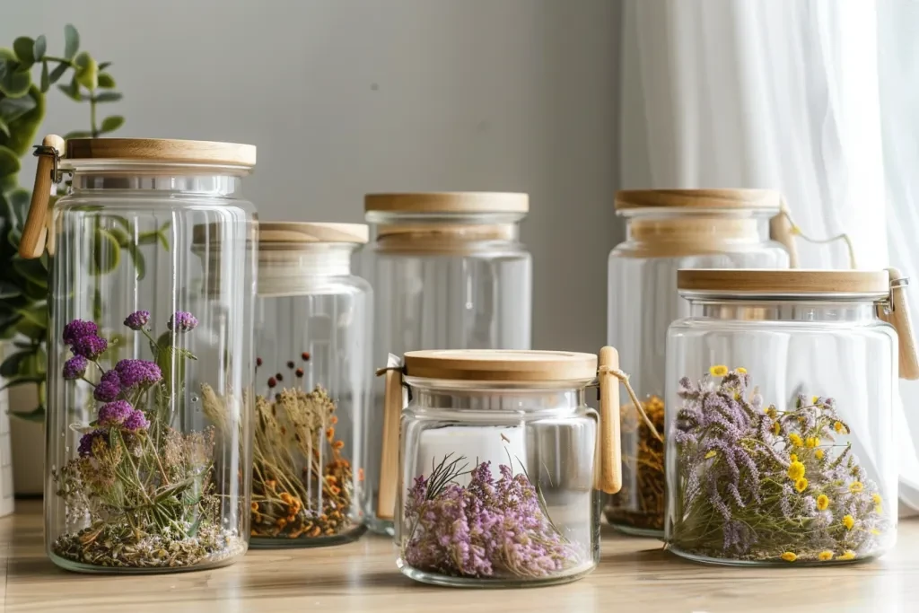 Modern glass storage jar with wooden handle