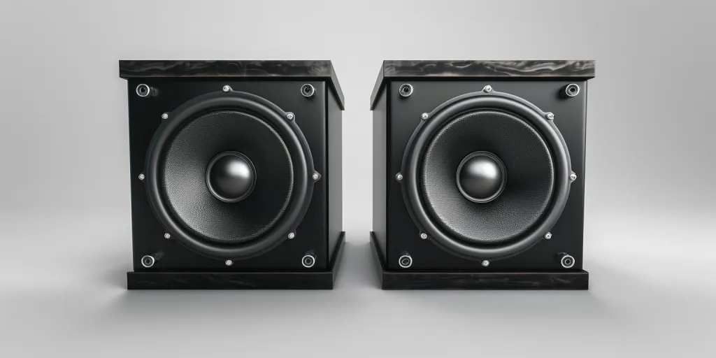 Modern subwoofers with black color and solid wood surface