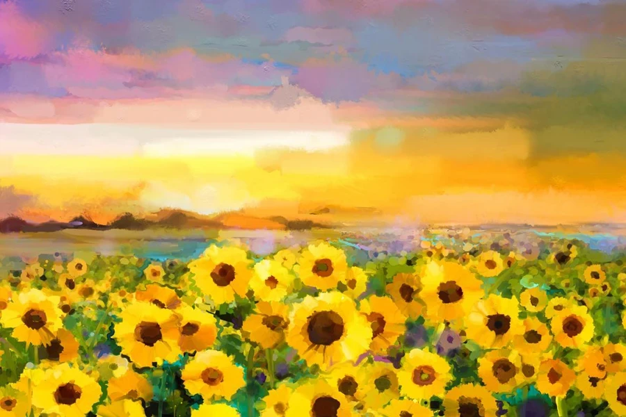 Oil painting yellow- golden Sunflower, Daisy flowers in fields