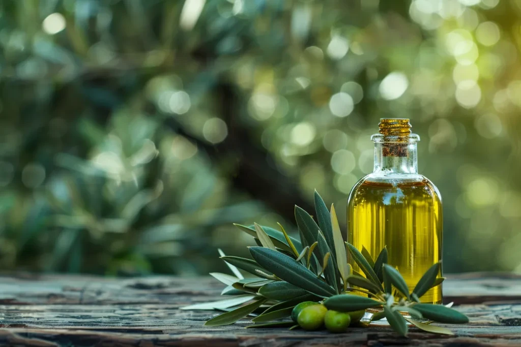 Olive leaves with oil in them are placed on an old wooden table