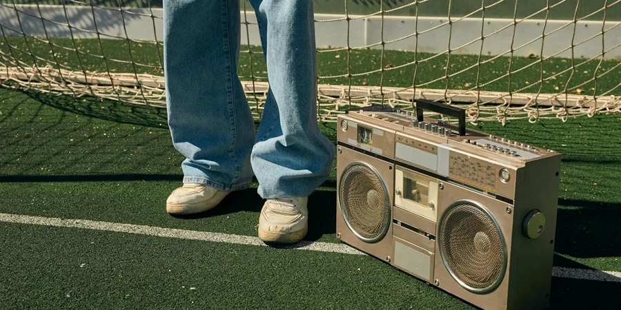 Person in Blue Denim Jeans and White Sneakers Standing Beside a Retro Boombox