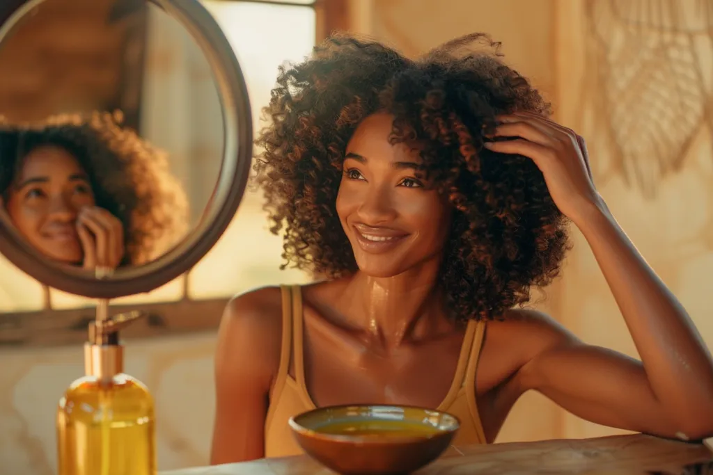 Photo of a happy black woman looking in a front mirror as she applies hair oil to her curly dark brown hair