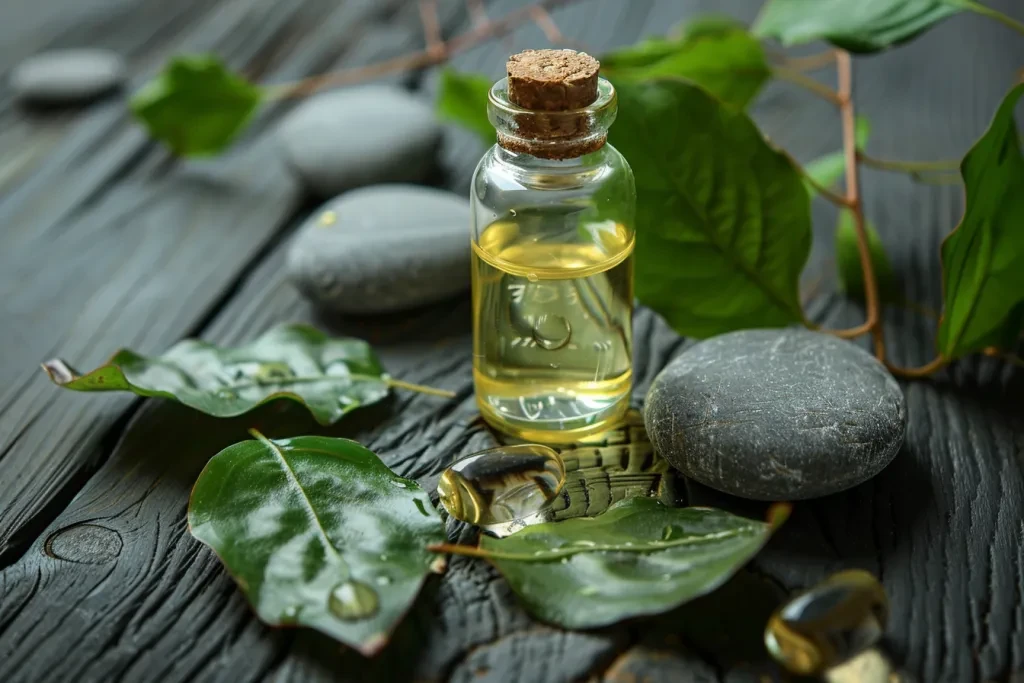 Photo of pure cosmetic oil in a glass bottle on a wooden table