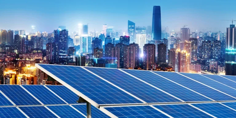 Photovoltaic and city skyline