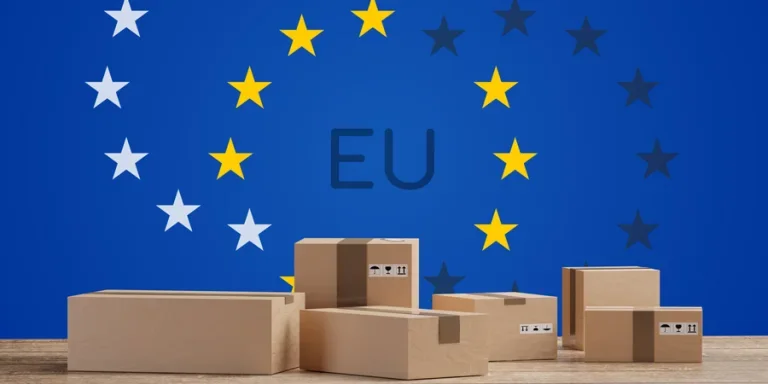 Postal packages in front of a creative Europe flag background