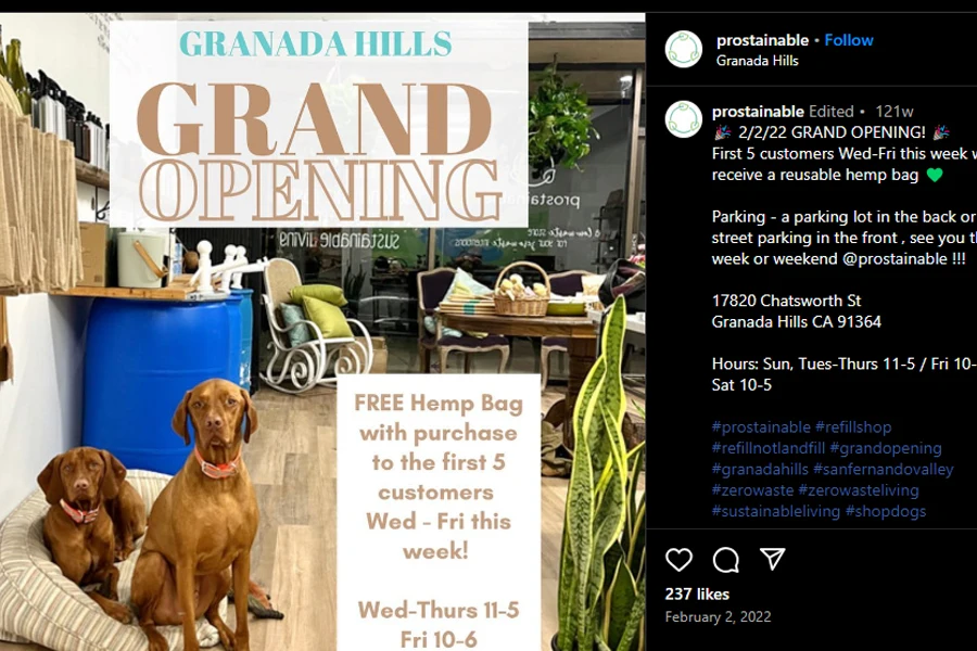 Prostainable's grand opening post offering gifts with purchases