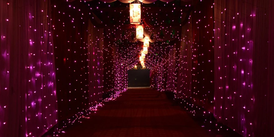 Purple String Lights and Lamps With Curtains